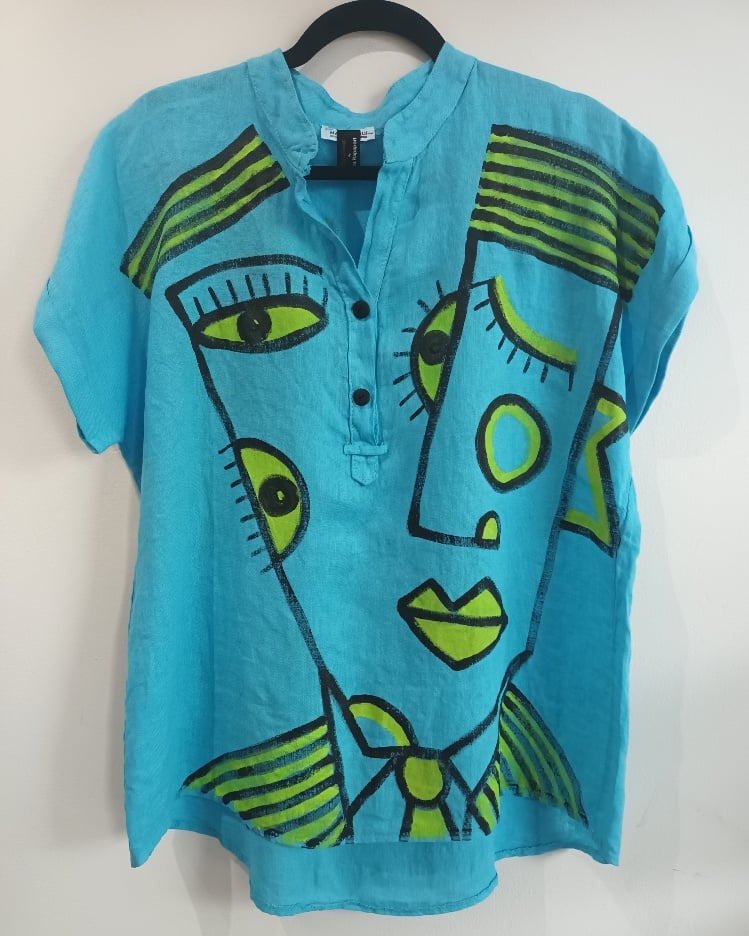 Image of turquoise linen painted top