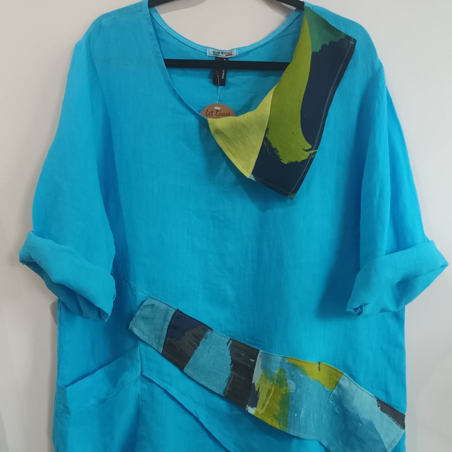Image of turquoise linen collage top