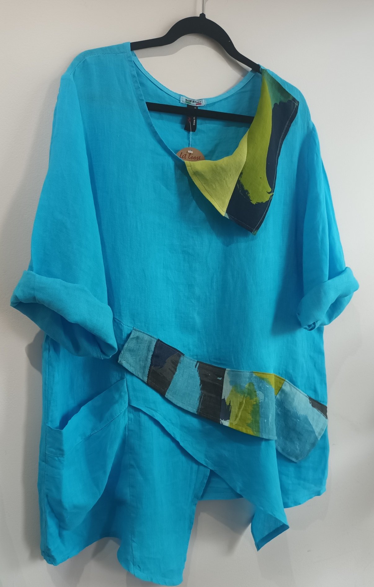 Image of turquoise linen collage top