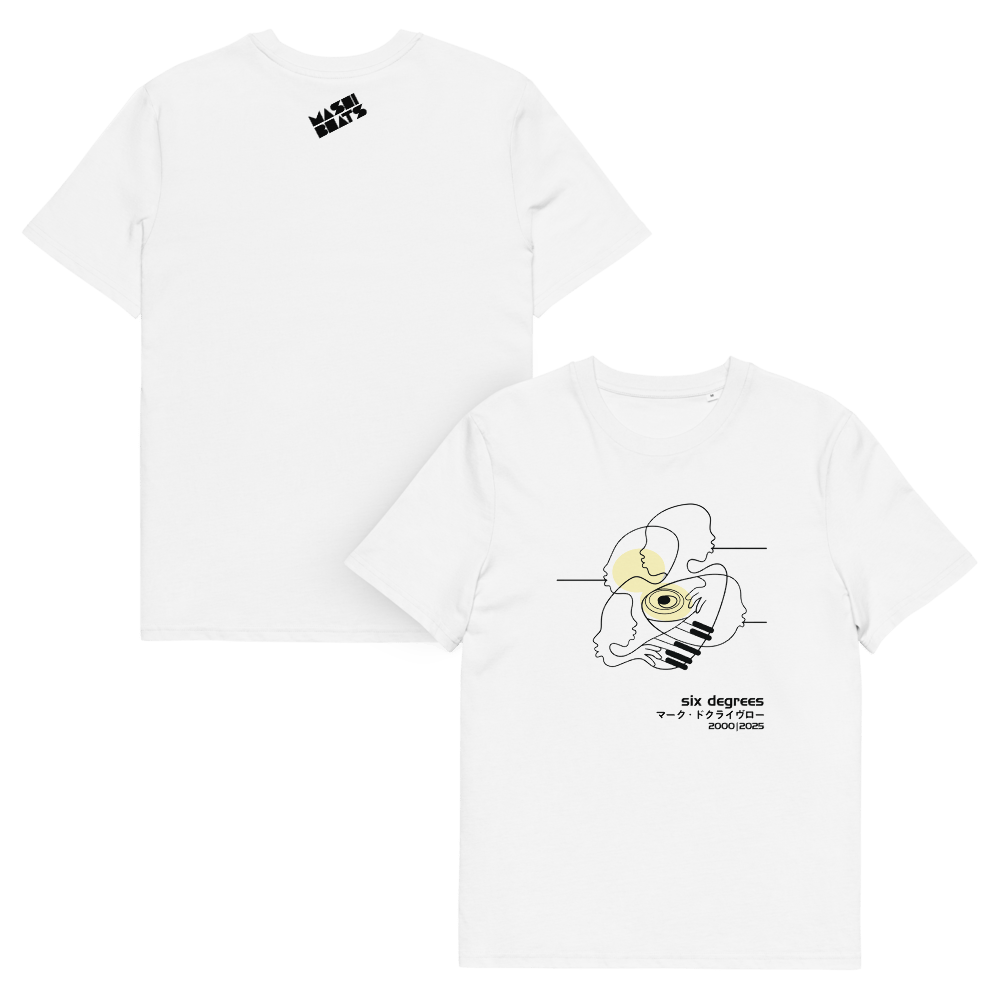 Image of Six Degrees 25 Year Anniversary Tee (unisex organic cotton) white/khaki