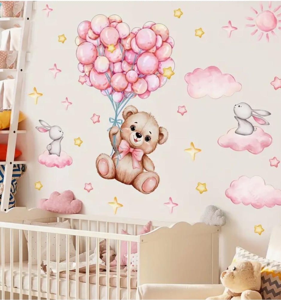 Image of Create a Dreamy Baby Girl's Room with Pink Balloon Teddy Bear and Bunny Wall Decals| Easy to Apply, 