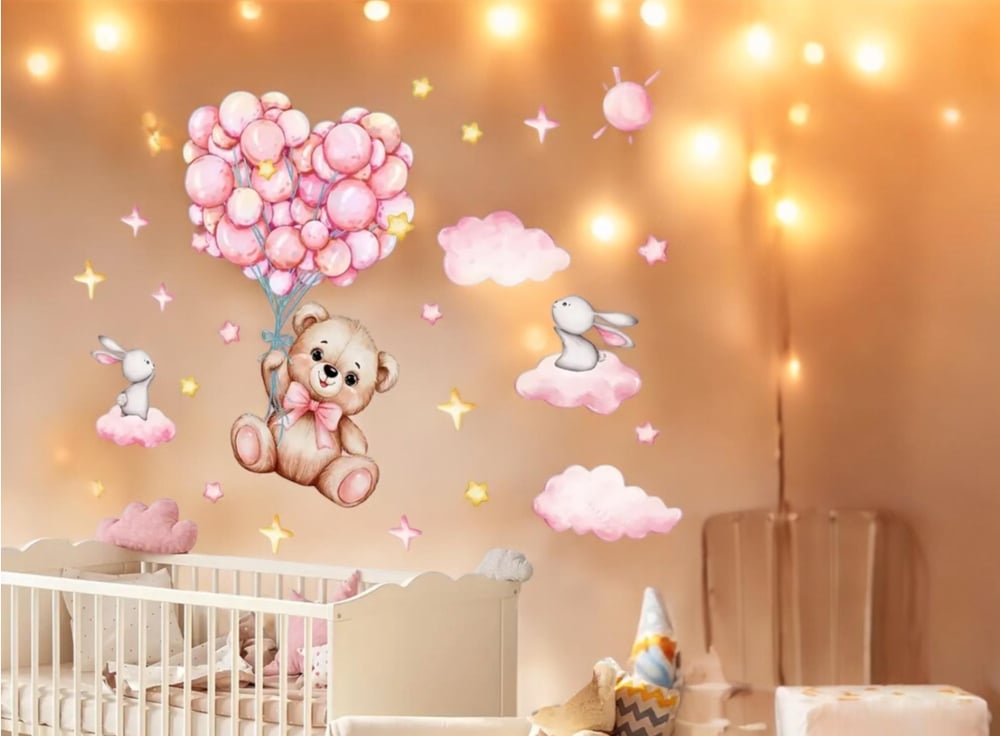 Image of Create a Dreamy Baby Girl's Room with Pink Balloon Teddy Bear and Bunny Wall Decals| Easy to Apply, 