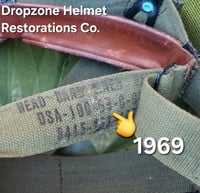 Image 18 of Vietnam M-1C Helmet & Paratrooper liner Mitchell Camo Cover Cavalry. 1969 Sweatband.