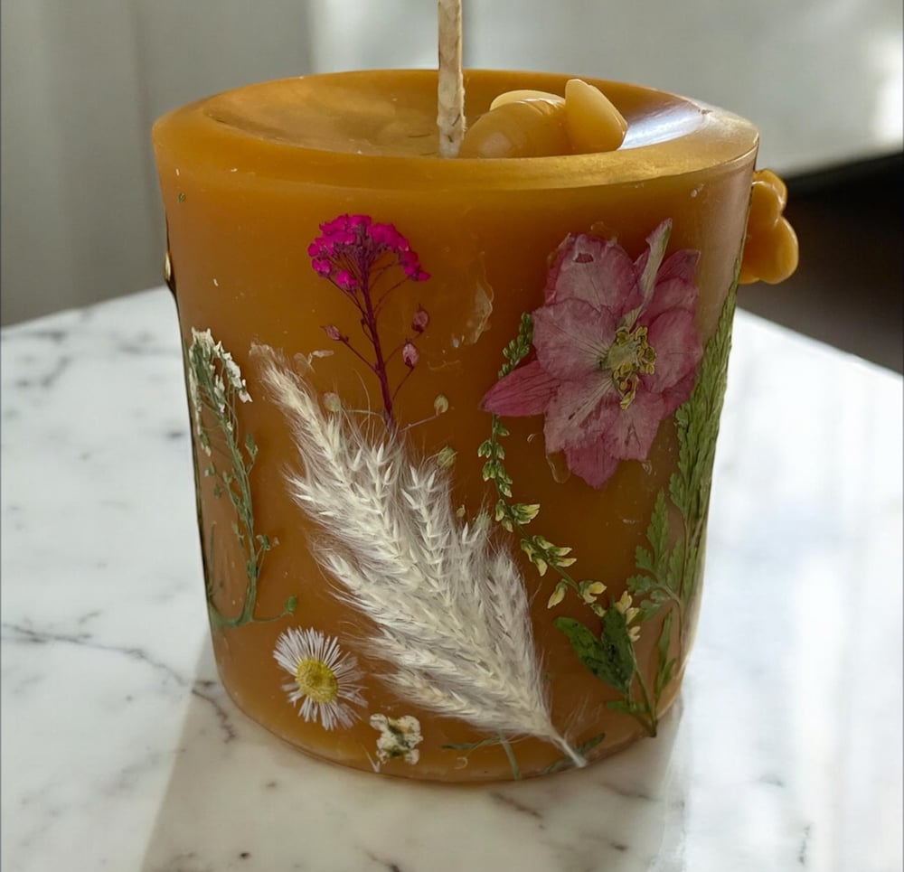 Image of Handmade Botanical Bee Candle | Pure Beeswax Pillar with Dried Flowers | Unique and Sustainable Gift