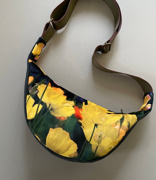 Image of Yellow poppies, large velvet crossbody sling bag
