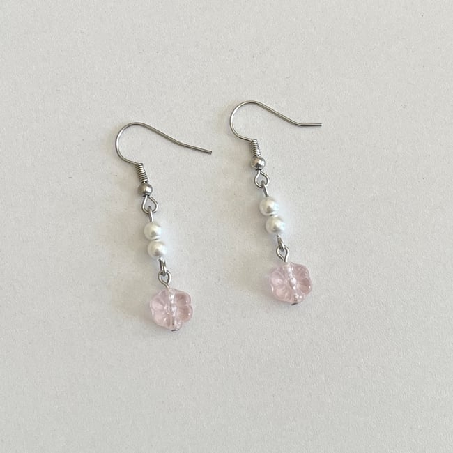 pink and pearl flower earrings