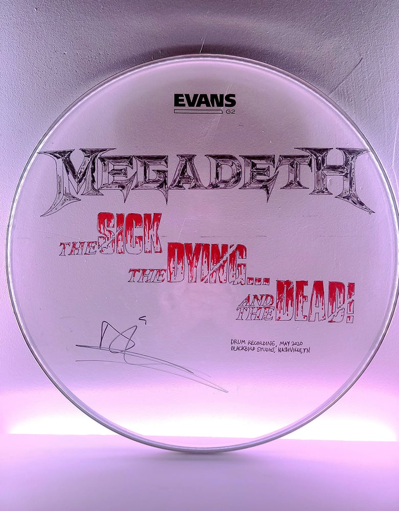 Image of Megadeth studio-used 16" drumhead - illustrated and signed by Dirk 