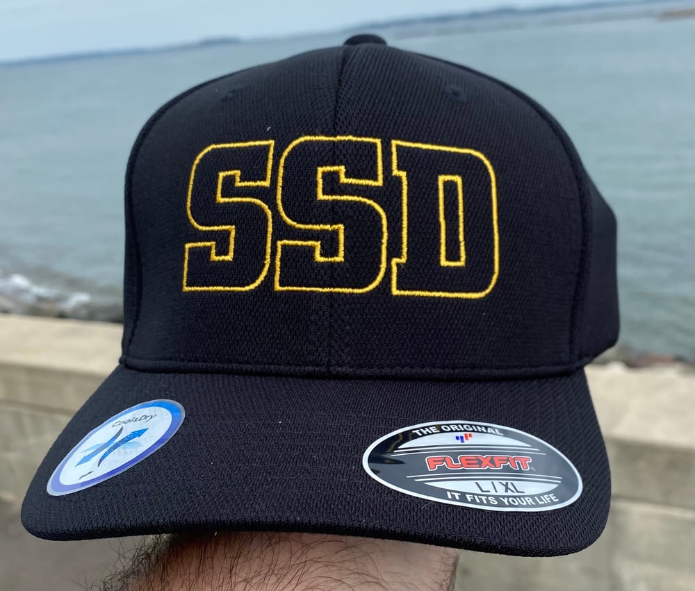 Black fitted Flexfit Hat with Gold SSD Outline Logo