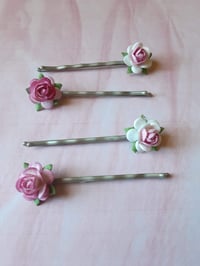 Image 3 of Pink and White Roses bobby pins set of 4 