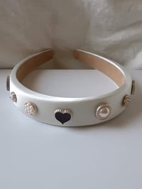 Image 5 of Satin White Headband, Hearts and Pearls Headband