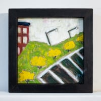 Parking Lot with Yellow Shrubs, 2025, 10x10 inches framed, oil on linen.