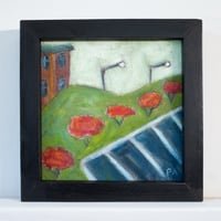 Parking Lot with Red Shrubs, 2025 10 x 10 inches framed, oil on linen.