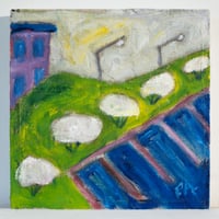 Image 2 of Parking Lot with White Shrubs, 2025, 10 x 10 inches, oil on linen.