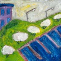 Image 1 of Parking Lot with White Shrubs, 2025, 10 x 10 inches, oil on linen.