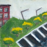 Image 1 of Parking Lot with Dark Green Hill, 2025, 10 x 10 inches, oil on linen.