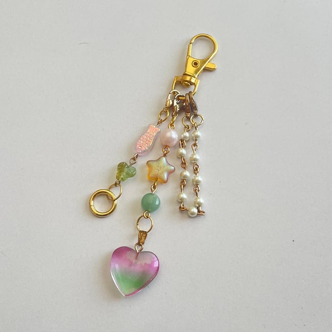 pink green heart gold rustic keychain