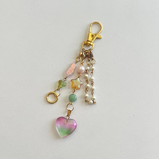 pink green heart gold rustic keychain