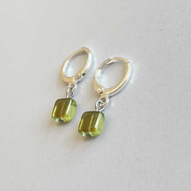green glass squares silver huggie hoop earrings