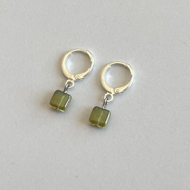 green glass squares silver huggie hoop earrings