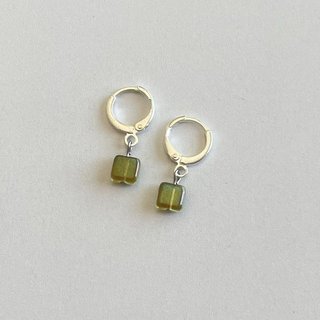 green glass squares silver huggie hoop earrings