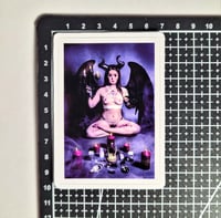 Image 2 of Topless Woman With Black Eyes & Horns Performing Satanic Ritual Glossy Finish Vinyl Sticker