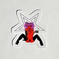 Image 1 of Seductive Demoness In Black Thong & Boots With Pentagram Behind Her Matte Vinyl Sticker