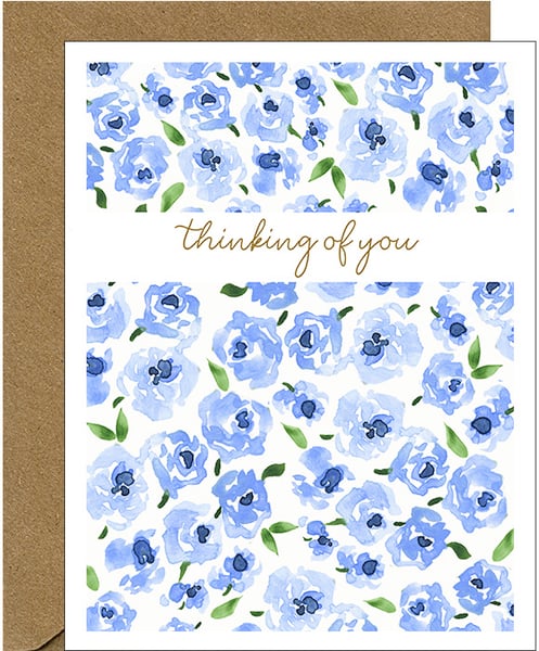 Image of NEW!  Thinking of You Floral Note Card - Watercolor Blue Flowers