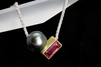 Image 2 of Contemporary necklace with a South Sea pearl and gold-set tourmaline.