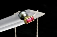 Image 1 of Contemporary necklace with a South Sea pearl and gold-set tourmaline.