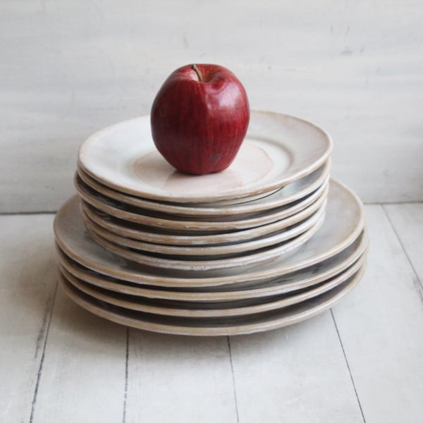 Image of Custom Dinnerware for Colleen - 6 Salad and 4 Dinner Plates in Creamy White and Ocher Glaze