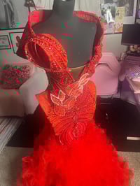 Image 1 of Fiery Scarlet Feathered Mermaid Gown