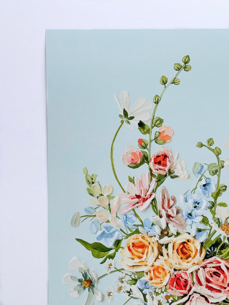 Image of HOLLYHOCK BOUQUET ON SKY BLUE - GICLÉE PRINT