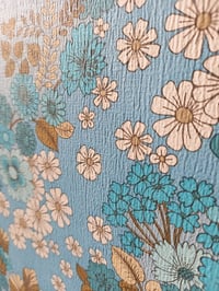 Image 3 of 1960s Vintage Dulux Wallpaper Rolls - Floral Damask 70s Retro MCM Aqua Blue - (Set of 3)