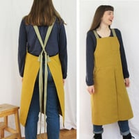 Image 11 of Split Leg Potters/Makers Apron, Railroad Stripe Denim, Adjustable Crossback, Navy/White/Red, No7:2
