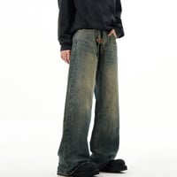 Image 2 of Washed Wide Leg Jeans with Buttonhole Detail
