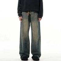 Image 3 of Washed Wide Leg Jeans with Buttonhole Detail