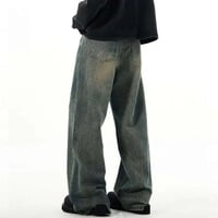 Image 4 of Washed Wide Leg Jeans with Buttonhole Detail