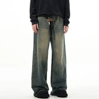 Image 1 of Washed Wide Leg Jeans with Buttonhole Detail