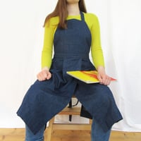 Image 15 of Pottery Apron with Pleated Split Leg and 3 Pockets. Ticking Stripe. No14:2