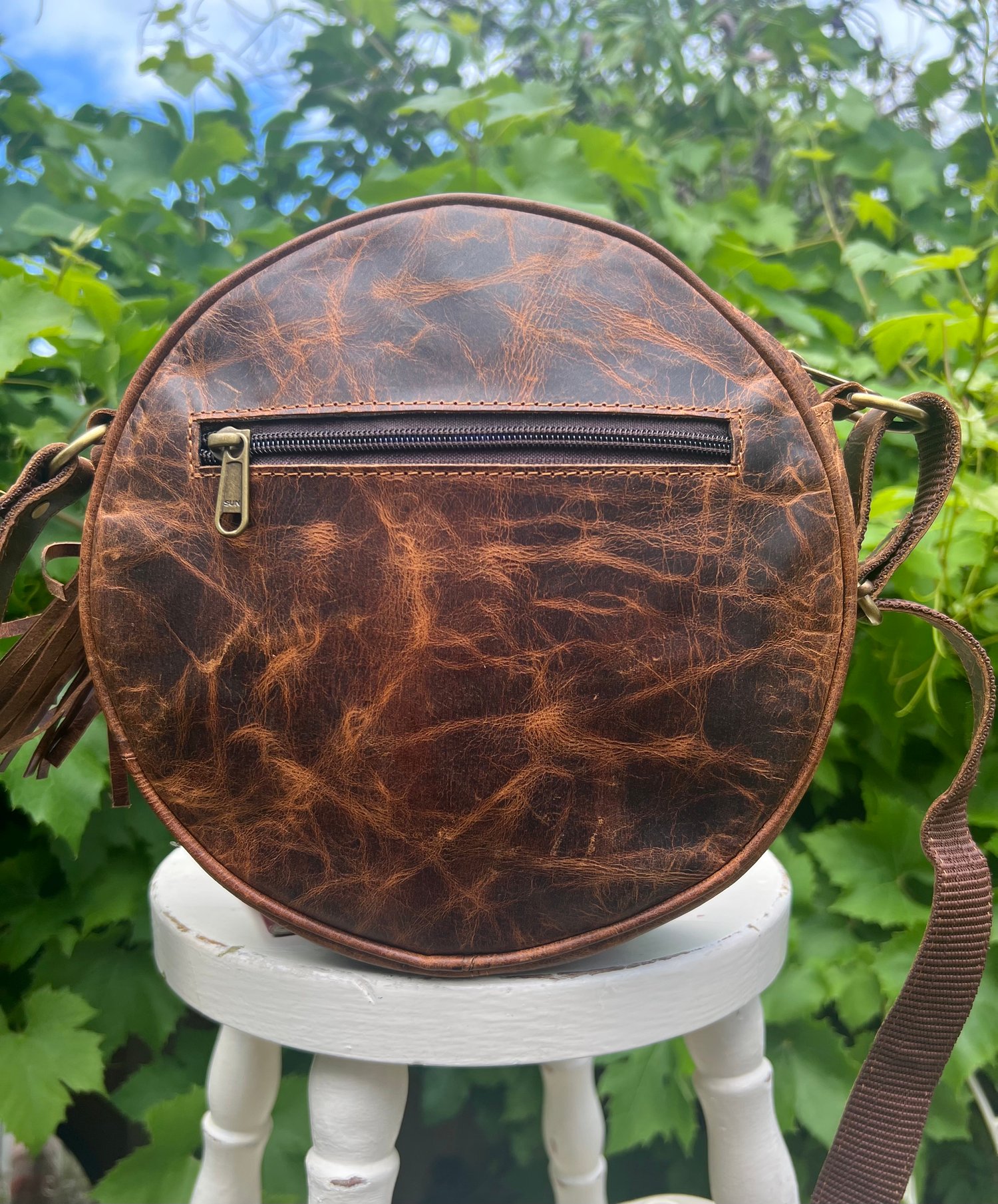 Image of Harlequin Collection - Round Brown Buffalo Bag #15AB2