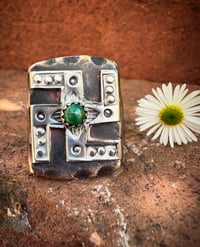 Image 4 of WL&A Rustic Bronze & Sterling Whirling Log Signet - Royston Snake Eye Turquoise - Size 12