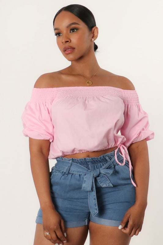 Image of Off Shoulder Short Bubble Sleeve Crop Blouse (pink)