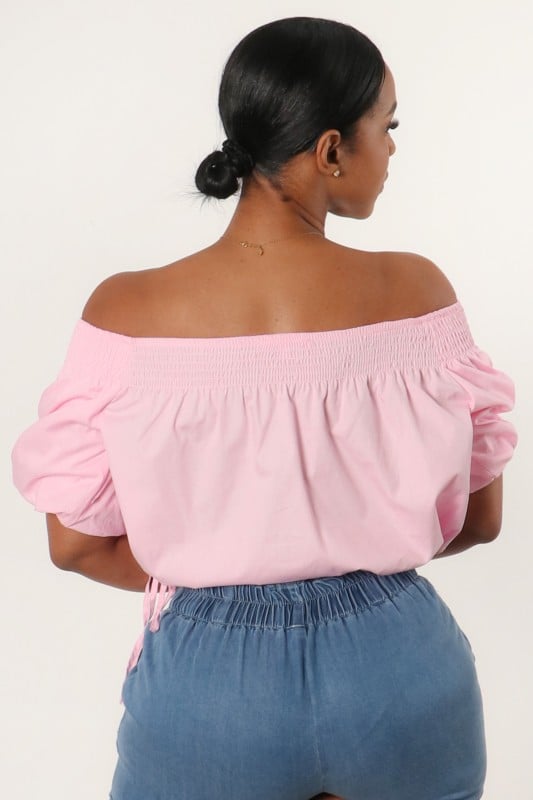 Image of Off Shoulder Short Bubble Sleeve Crop Blouse (pink)