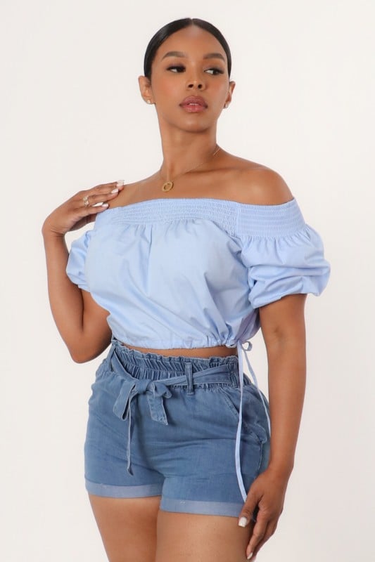 Image of Off Shoulder Short Bubble Sleeve Crop Blouse (blue)