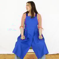 Image 12 of Undyed Canvas Apron with Royal Blue Adjustable Straps. Pleated Split Leg Pinafore No25