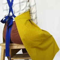 Image 18 of Undyed Canvas Apron with Royal Blue Adjustable Straps. Pleated Split Leg Pinafore No25