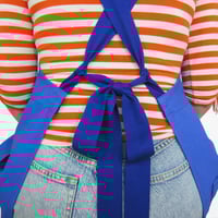 Image 16 of Undyed Canvas Apron with Royal Blue Adjustable Straps. Pleated Split Leg Pinafore No25