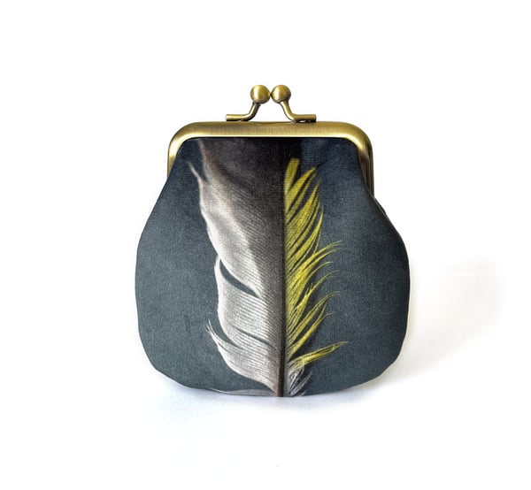 Image of Goldfinch feather, velvet kisslock coin purse