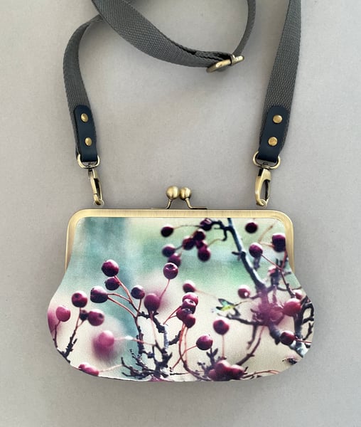 Image of Hawthorn berries, velvet kisslock shoulder bag with shoulder strap