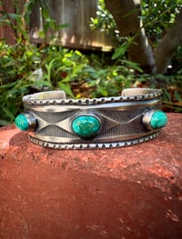 Image 1 of WL&A Handmade Ingot Old Style Triple Snake Eyes Green Valley Turquoise Cuff #1 - Size 7" to 7.5"